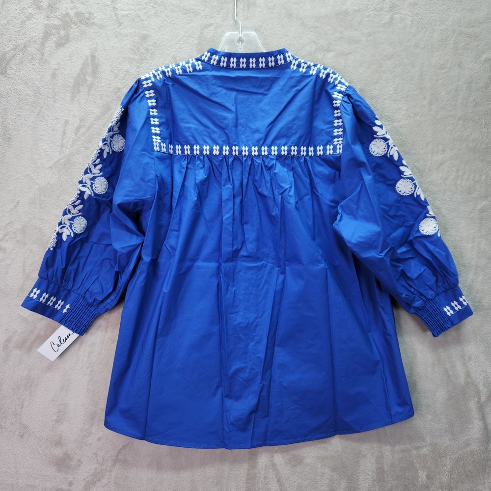Calessa 2X Cobalt Blue Embroidered Split VNeck 3/4 Sleeve Button Front Shirt New - Picture 3 of 11